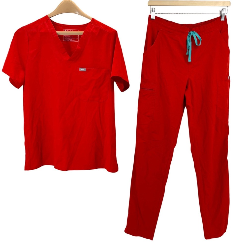 FIGS Women Red Orange Small Scrub Set V-Neck Top and Jogger Pants